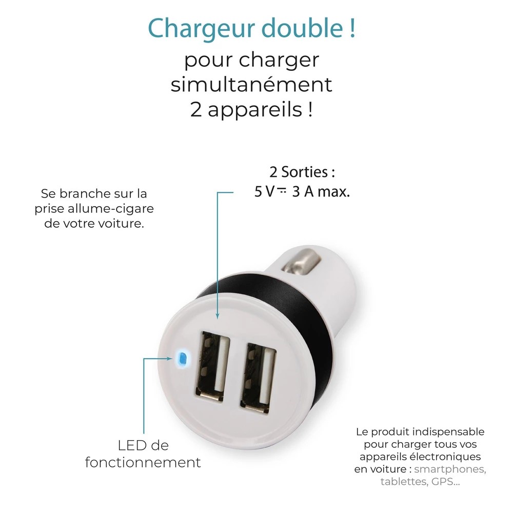 chargeur double usb allume-cigare 3a voiture