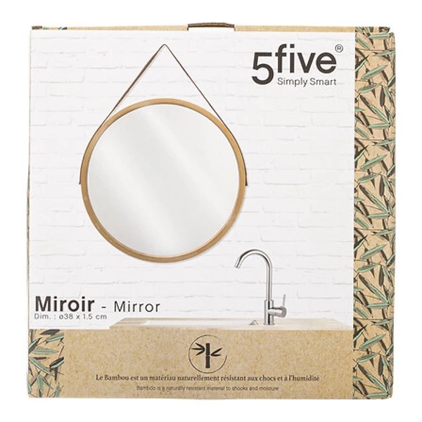 Miroir mural cuir ronde bambou D38, beige