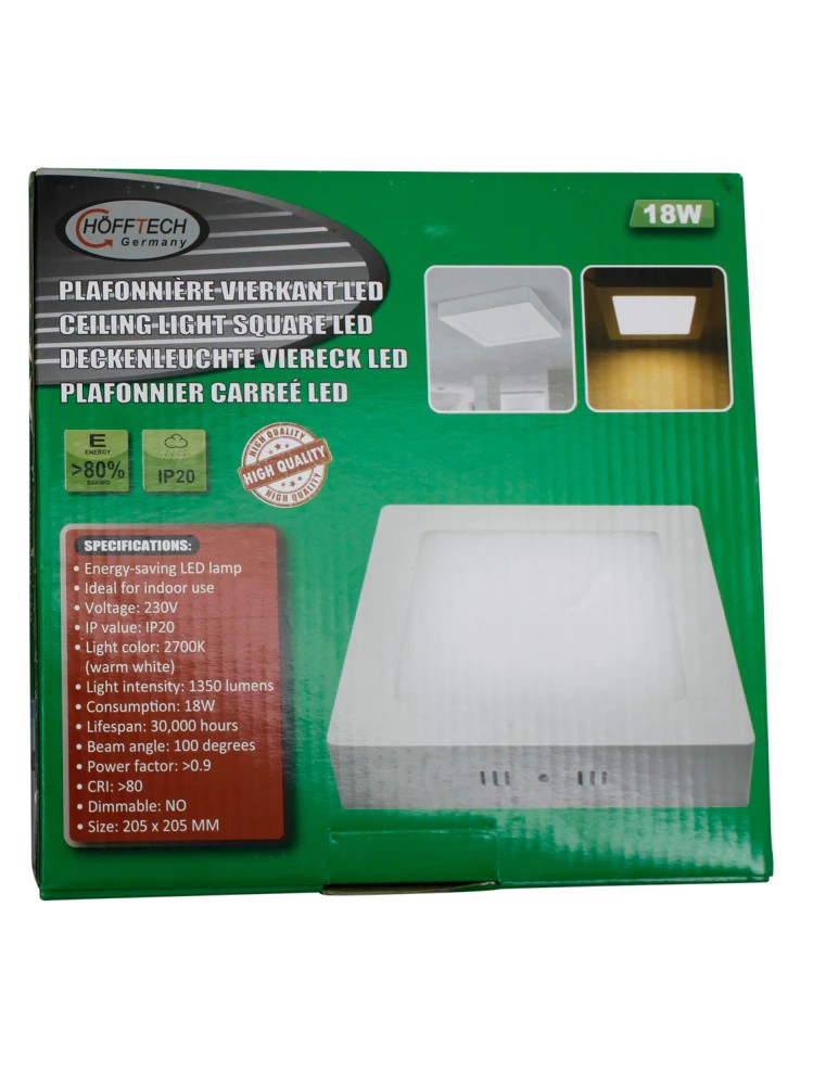 Plafonnier LED carré 18W 205 x 205 mm