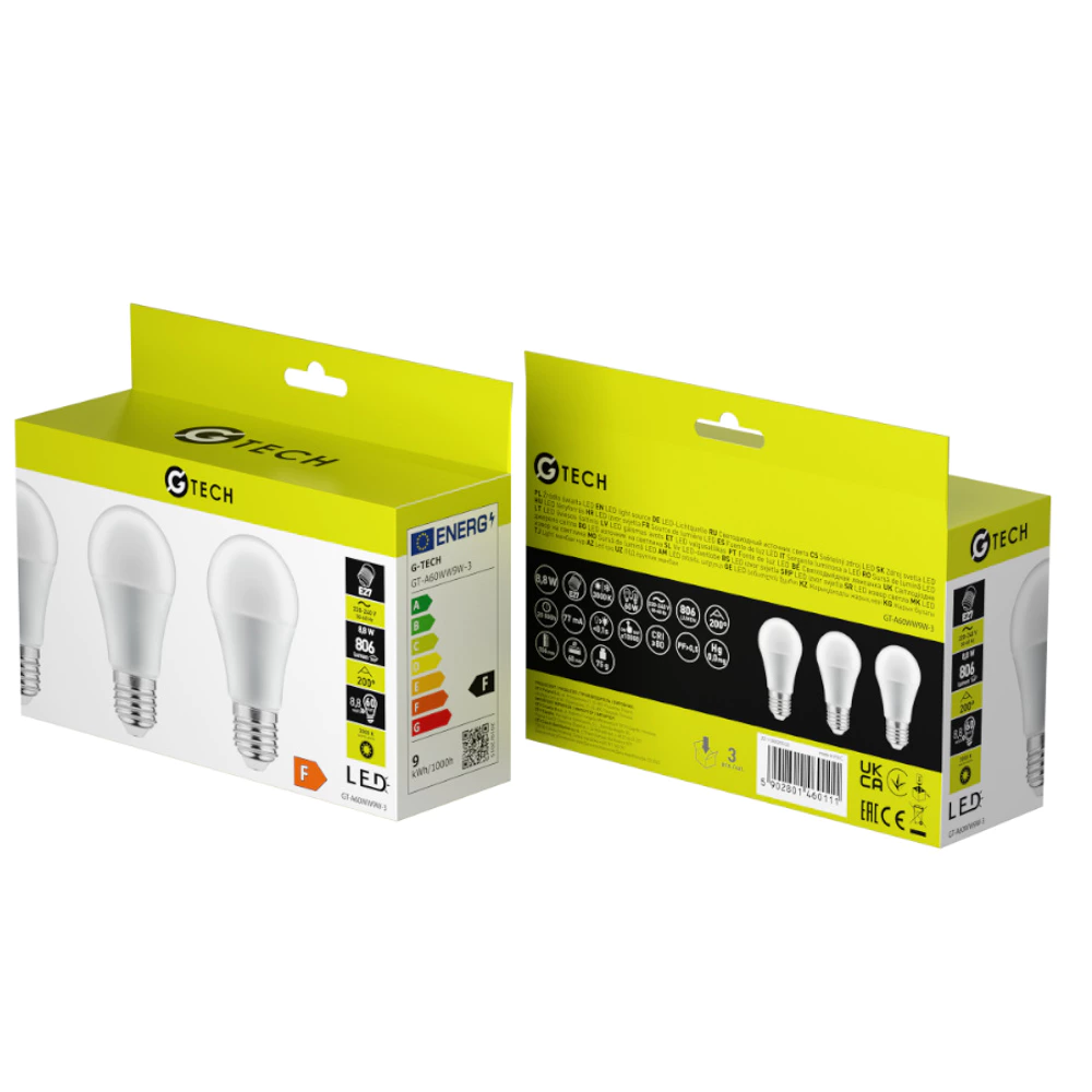 LOT DE 3 Ampoule LED G-TECH, A60, E27, 8,8 W, 806 lm, 4 000