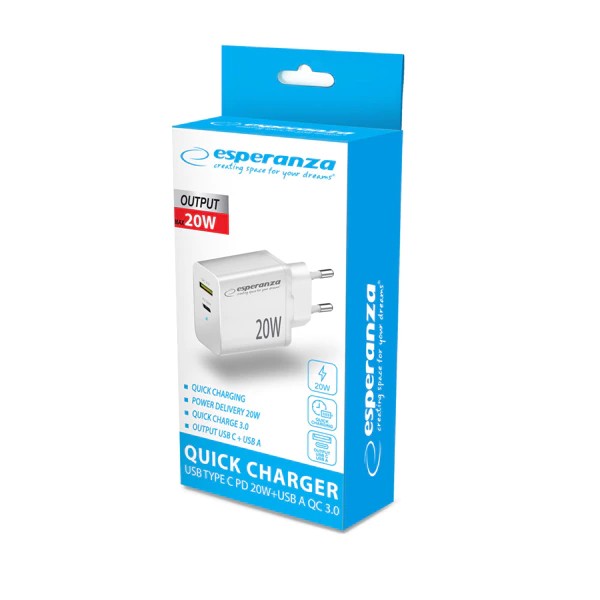 Chargeur mural USB-C PD 20 W / USB-A QC 3.0