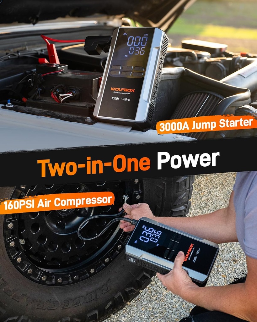 Wolfbox 3000A jump start, batterie 16000mAH, 160psi, light