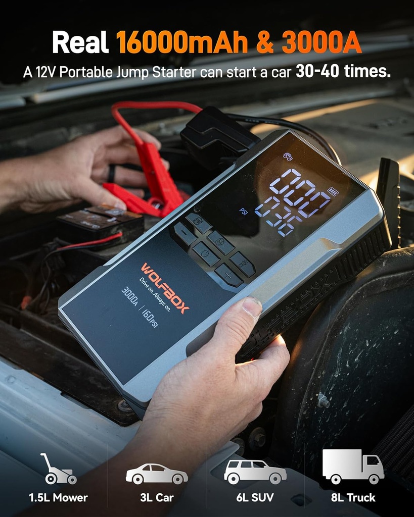 Wolfbox 3000A jump start, batterie 16000mAH, 160psi, light