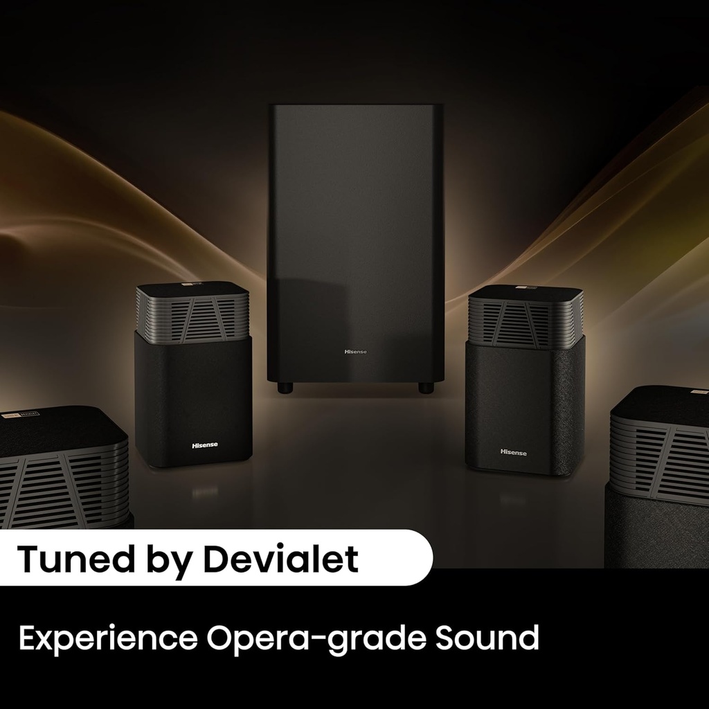 home cinema Hisense Devialet HT Saturn 4.1.2 canaux avec caisson de basses sans fil, Dolby Atmos, DTS:X, Bluetooth 5.3, EzPlay, HDMI 