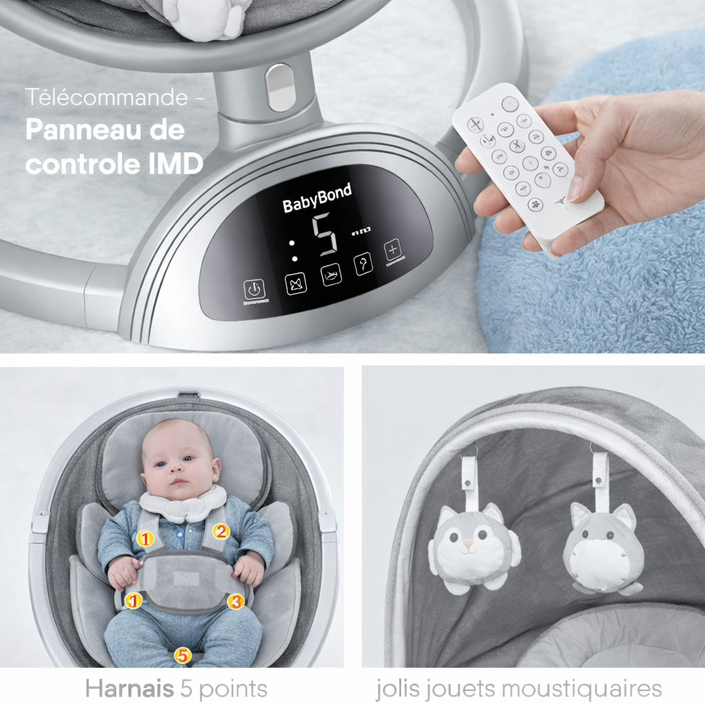 Balancelle bébé BabyBond – Bluetooth avec musique, 5 vitesses, harnais 5 points – Télécommande incluse