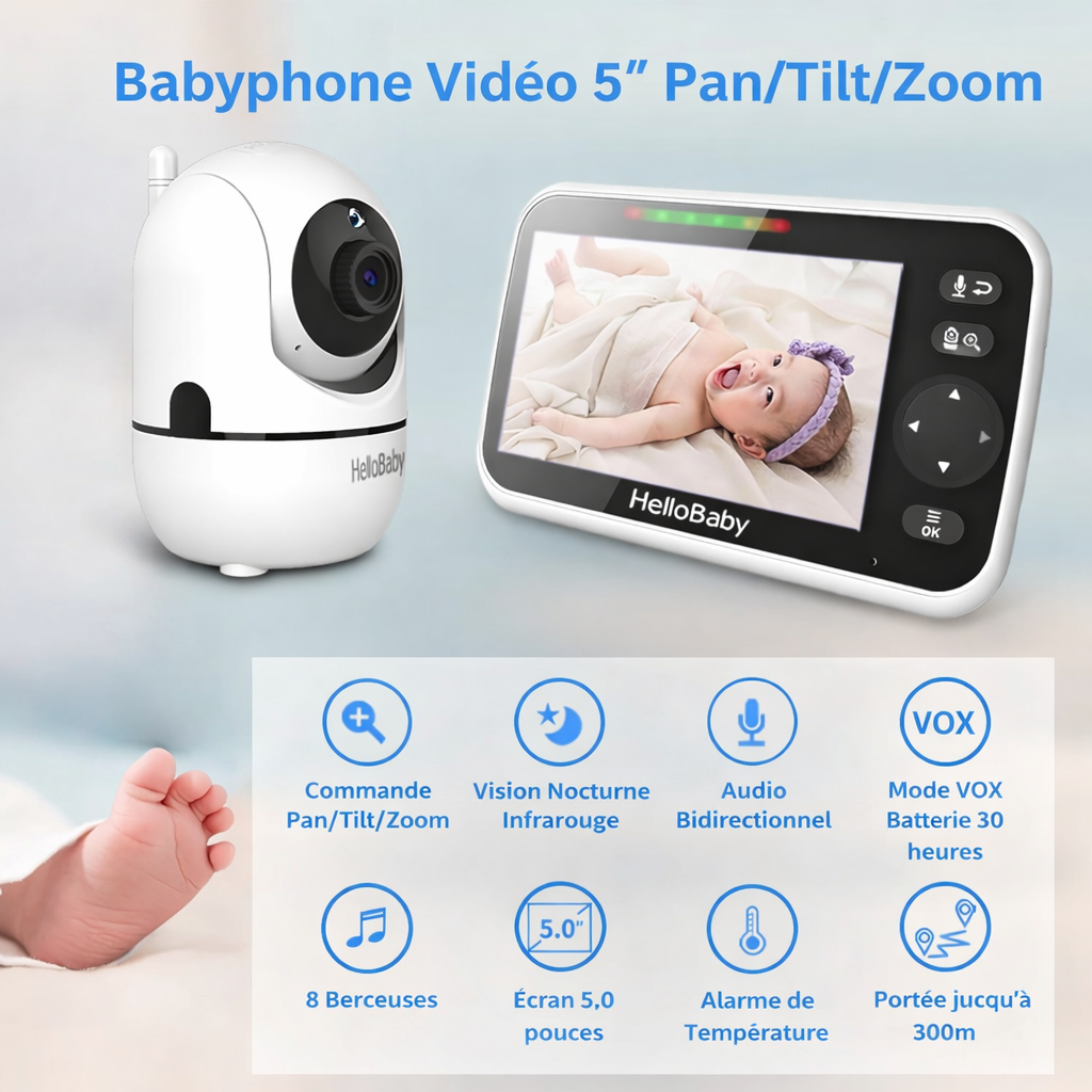Babyphone Vidéo HelloBaby 5” Sans Wi-Fi – Écran HD, Batterie 30 h,