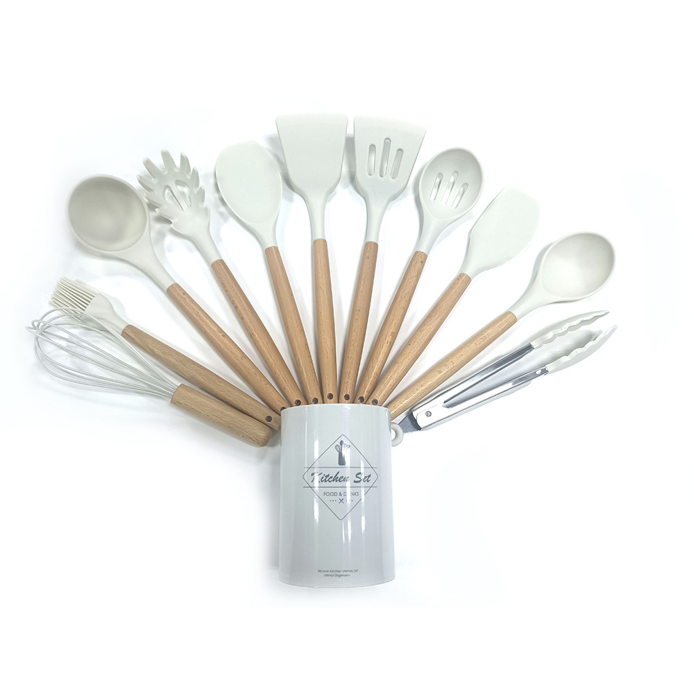 Kit de 11 ustensiles de cuisine en silicone et manches en bois 