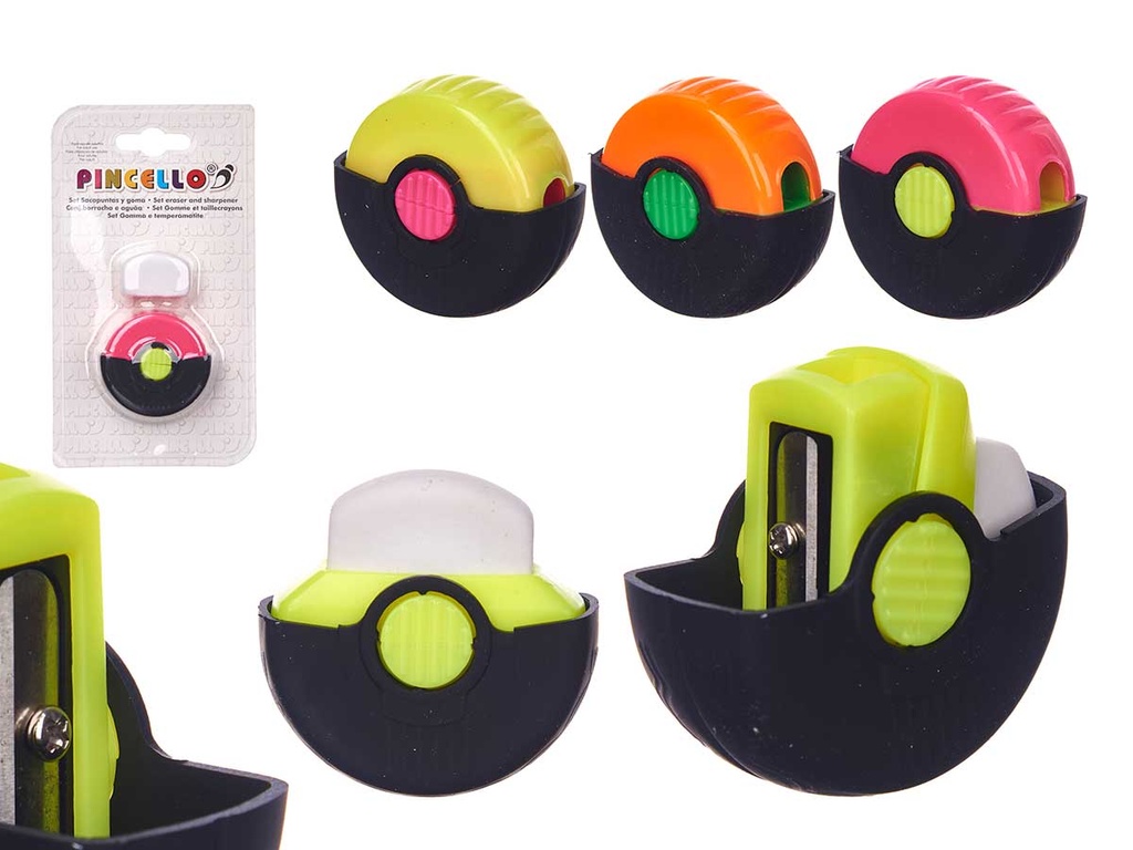 Set taille-crayons gomme ronde, 4 assorti