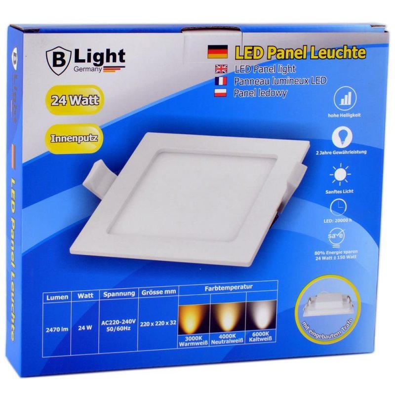Panneau LED encastrable - 24 watts - carré 