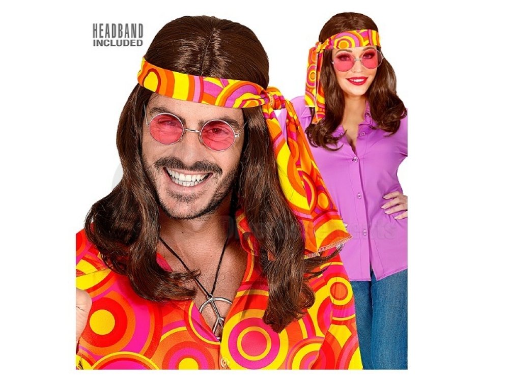 Perruque 70s cheveux longs avec bandeau – brune
