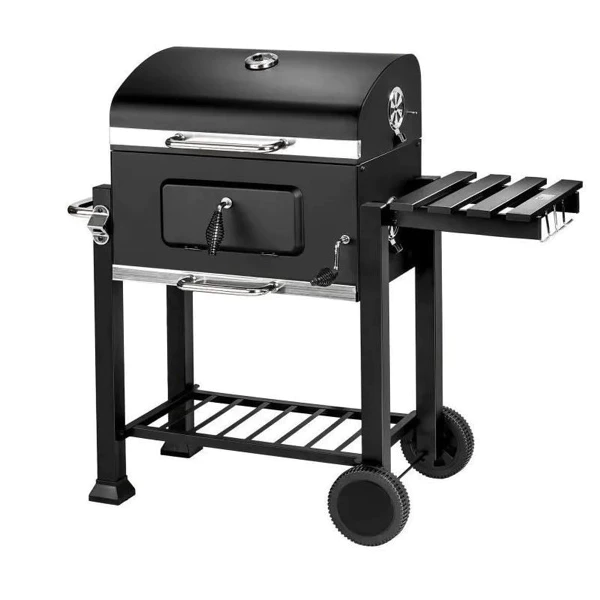Charcoal barbecue, hinged lid