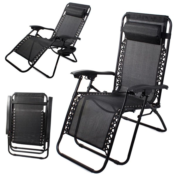 Garden/beach lounge chair & small folding table Black