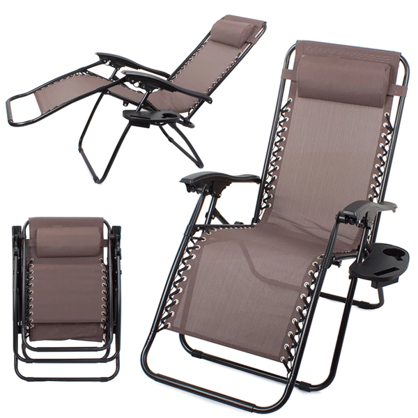 Garden/beach lounge chair & small folding table Brown