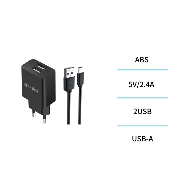 2.4A dual USB charger with Type-C cable