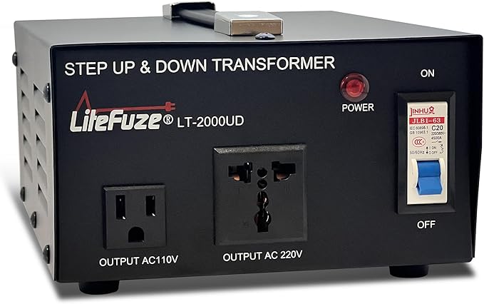 LiteFuze 2000W 110V/220V transformer converter – universal plug, US cable with ground