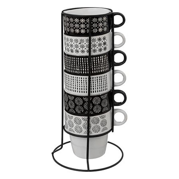 6 m ethnic mugs 26 cl, black and white coffee cup