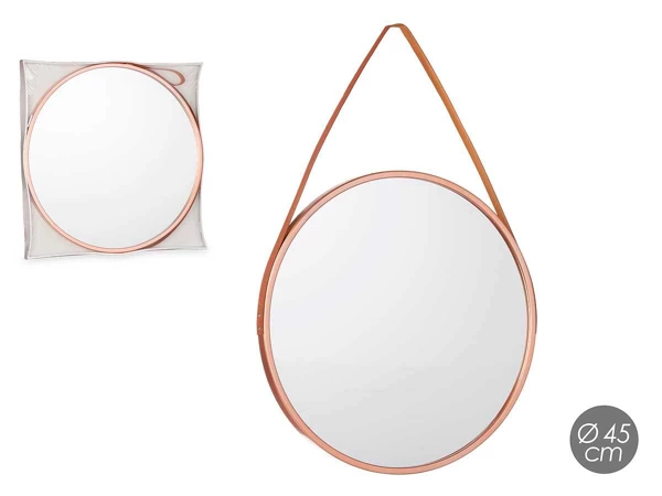 Round mirror with handle in bronze pet faux leather