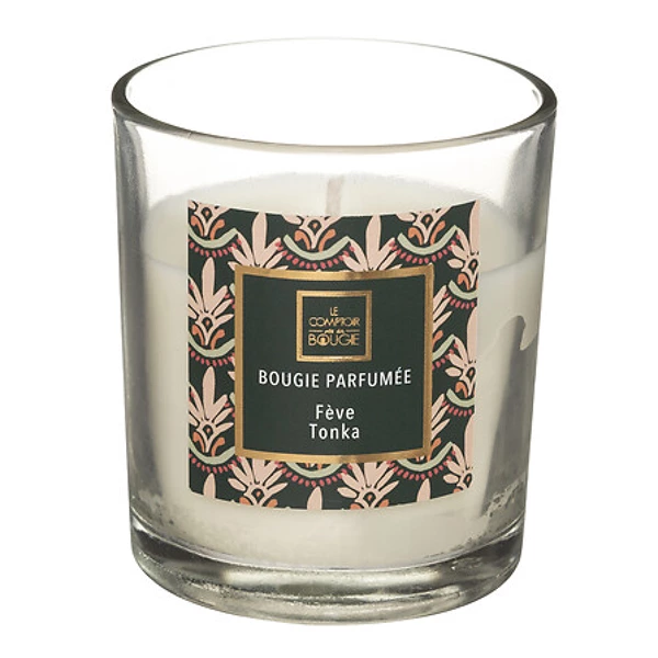Feve Tonka glass votive candle 110g, transparent