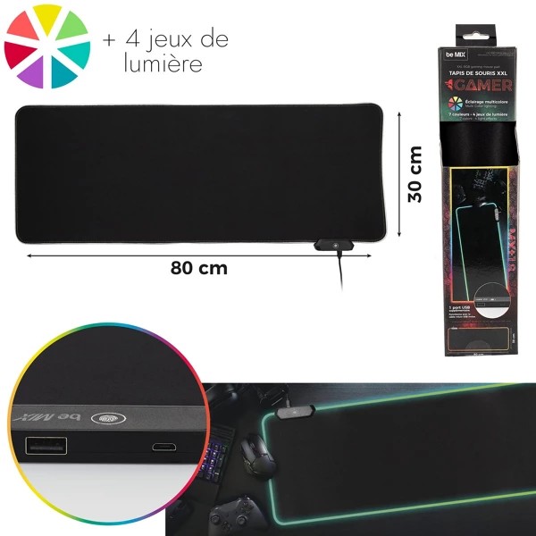 Tapis de souris gamer xl RGB 2 ports usb